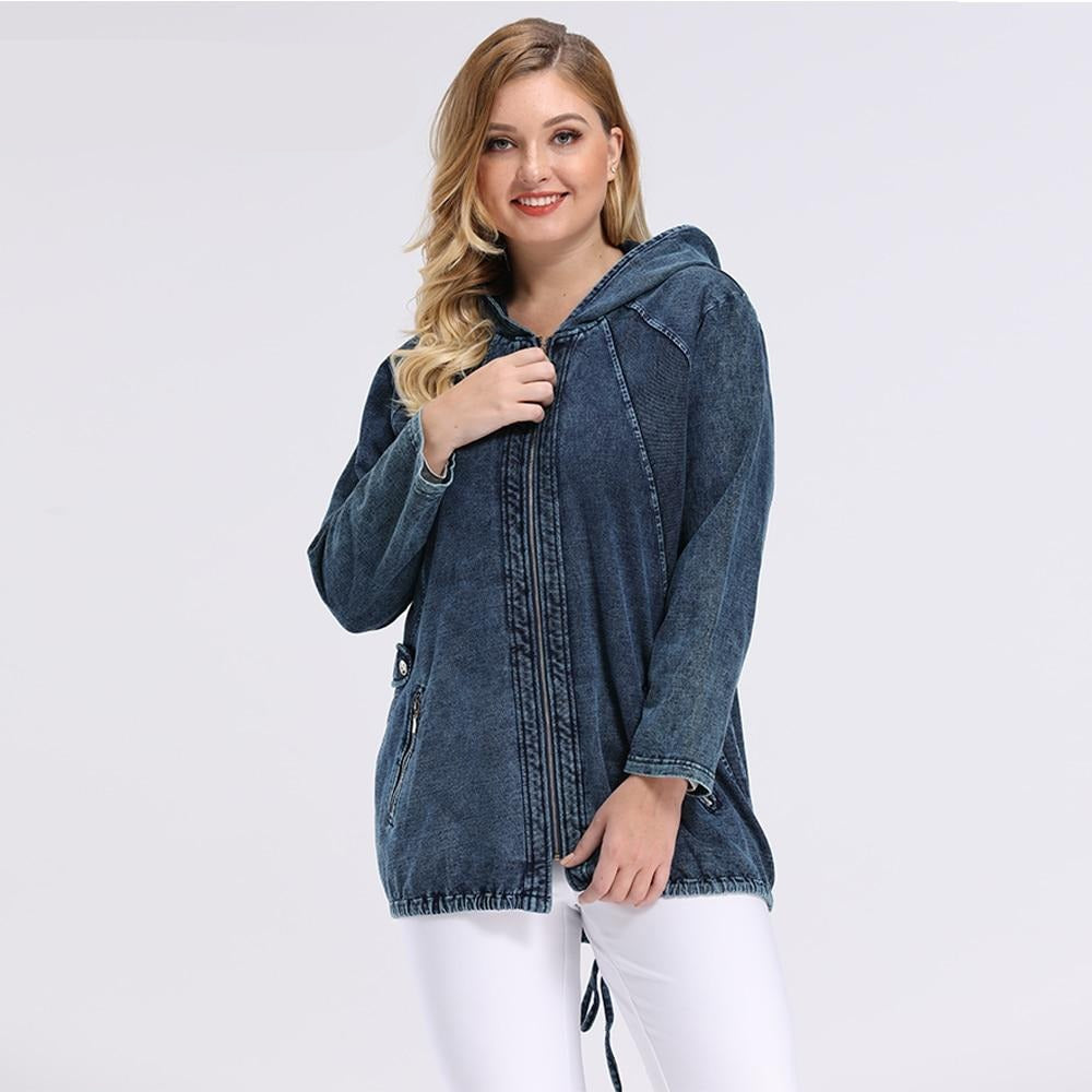 Women's Plus Size Spring Casual Denim Jacket Woman High Flexibility Jacket Hoodie Jacket Shoulder Pads for Clothing-0