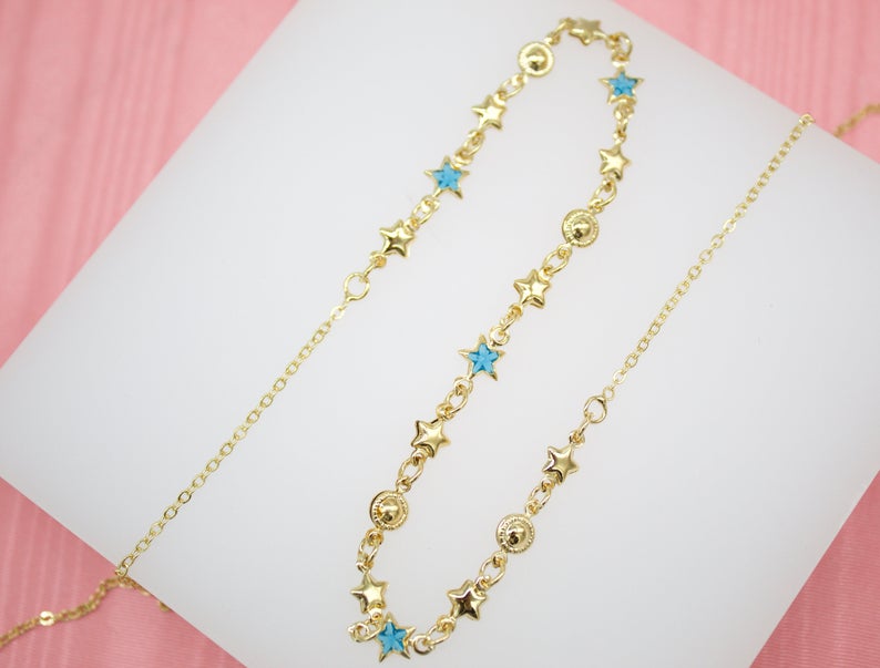 18K Gold Filled Star Charms Layering Necklace With Blue Star CZ Stones-0