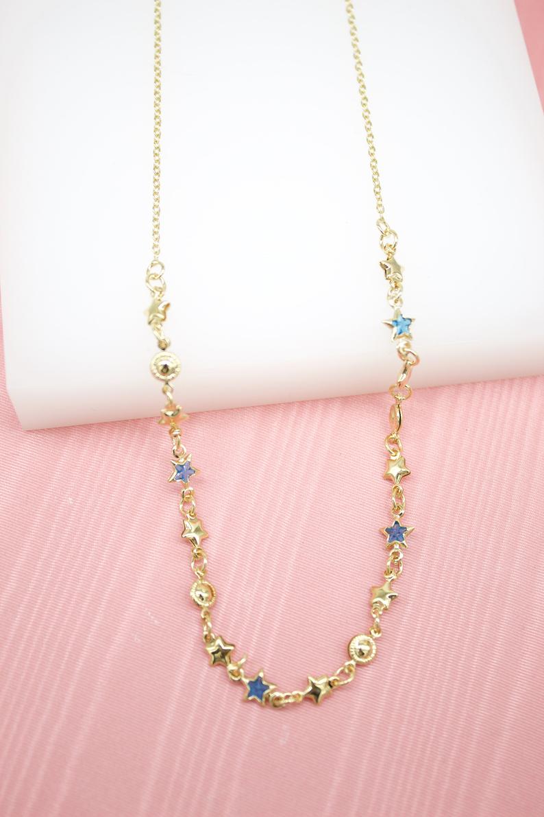 18K Gold Filled Star Charms Layering Necklace With Blue Star CZ Stones-1