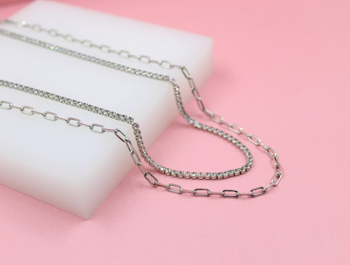18K Rhodium Filled Layered Clear Round CZ Stones With Paper Clip Chain (H3)-1