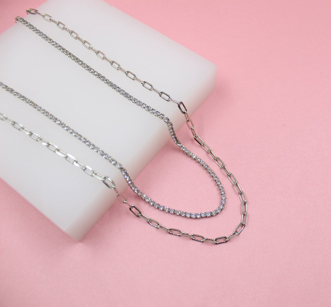 18K Rhodium Filled Layered Clear Round CZ Stones With Paper Clip Chain (H3)-0